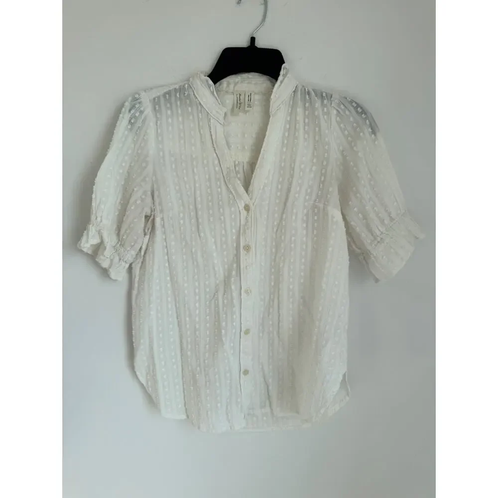 Anthropologie Meadow Rue Button Down Blouse Puff Sleeve Boho Textured